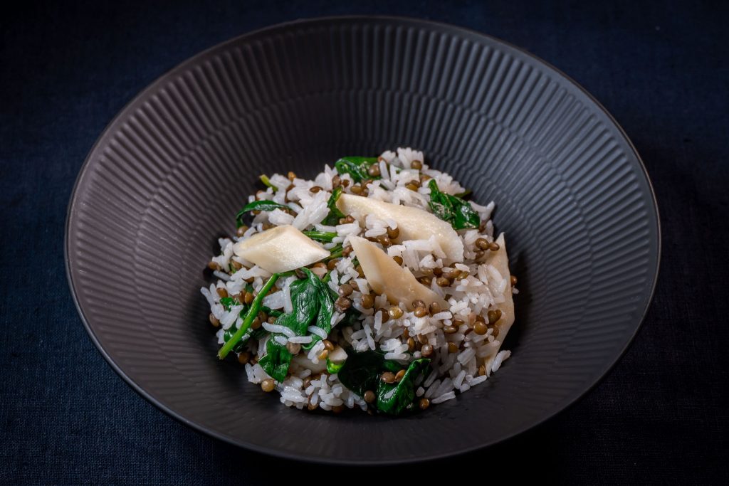 puy lentils and spinach with rice