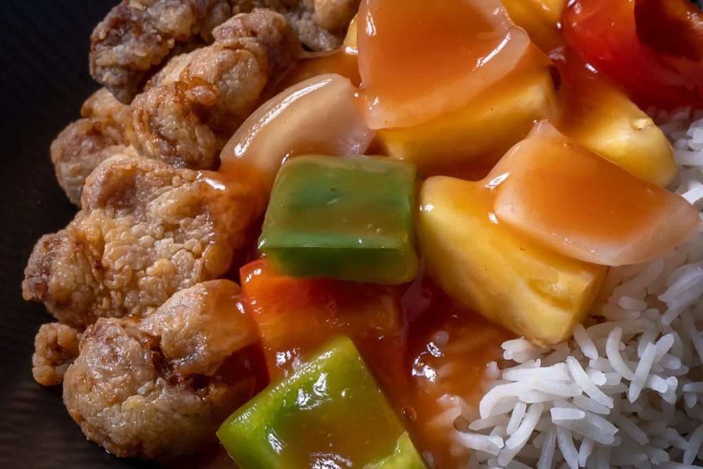 Canotonese sweet and sour pork closeup