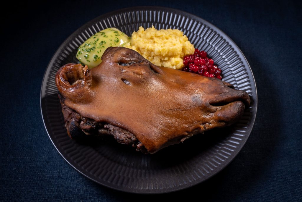 Traditional Norwegian Smalahove smoked sheep's head