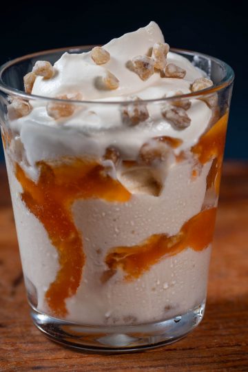 Norwegian caramel sundae with mead cream, cloudberry sauce and crystallized walnuts