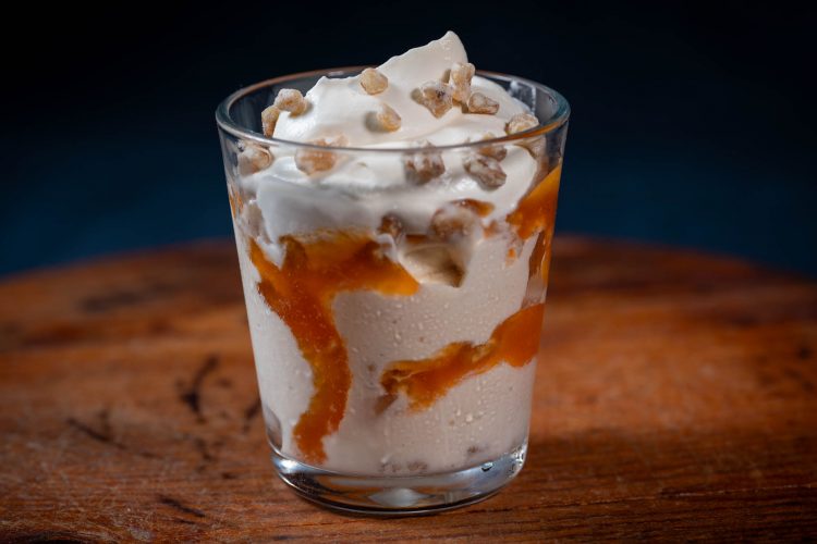 Norwegian caramel sundae with mead cream, cloudberry sauce and crystallized walnuts